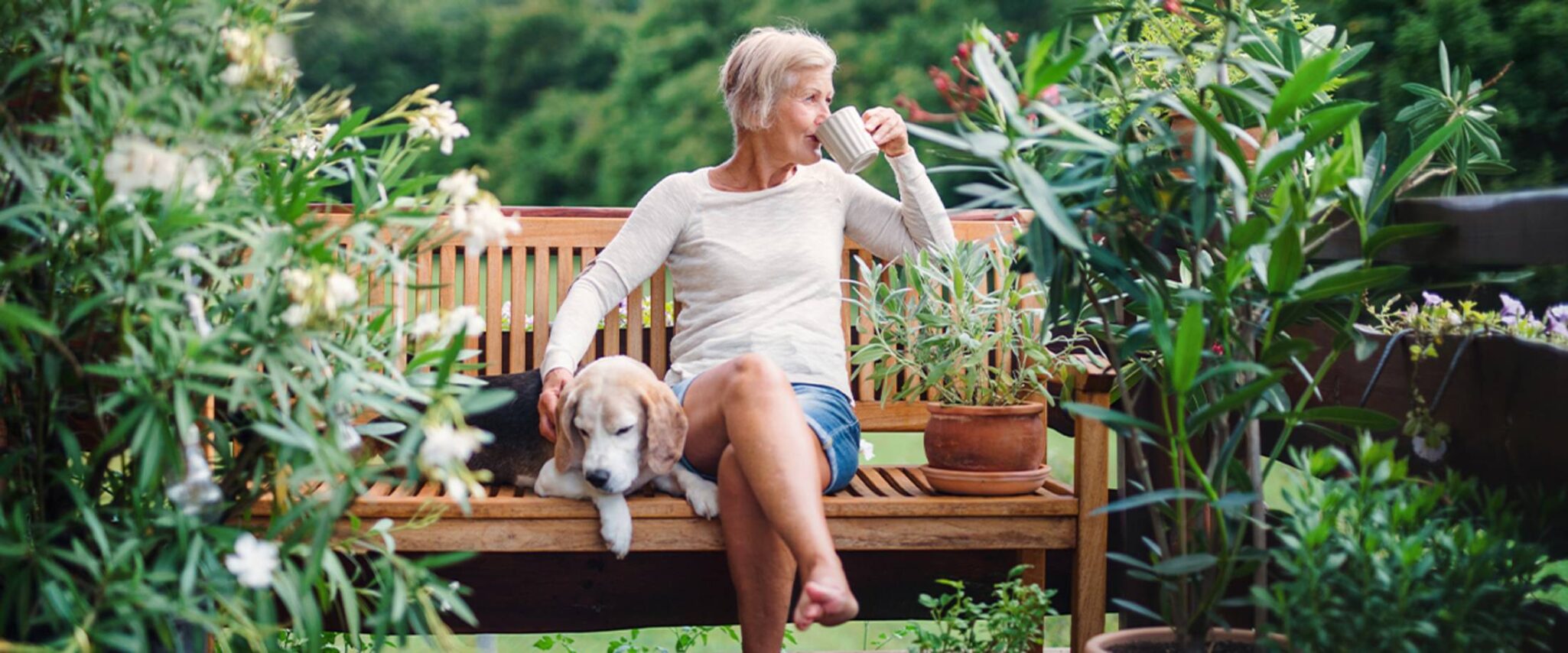A senior woman sits outside with her dog, drinking coffee on a wood bench surrounded by lush greenery