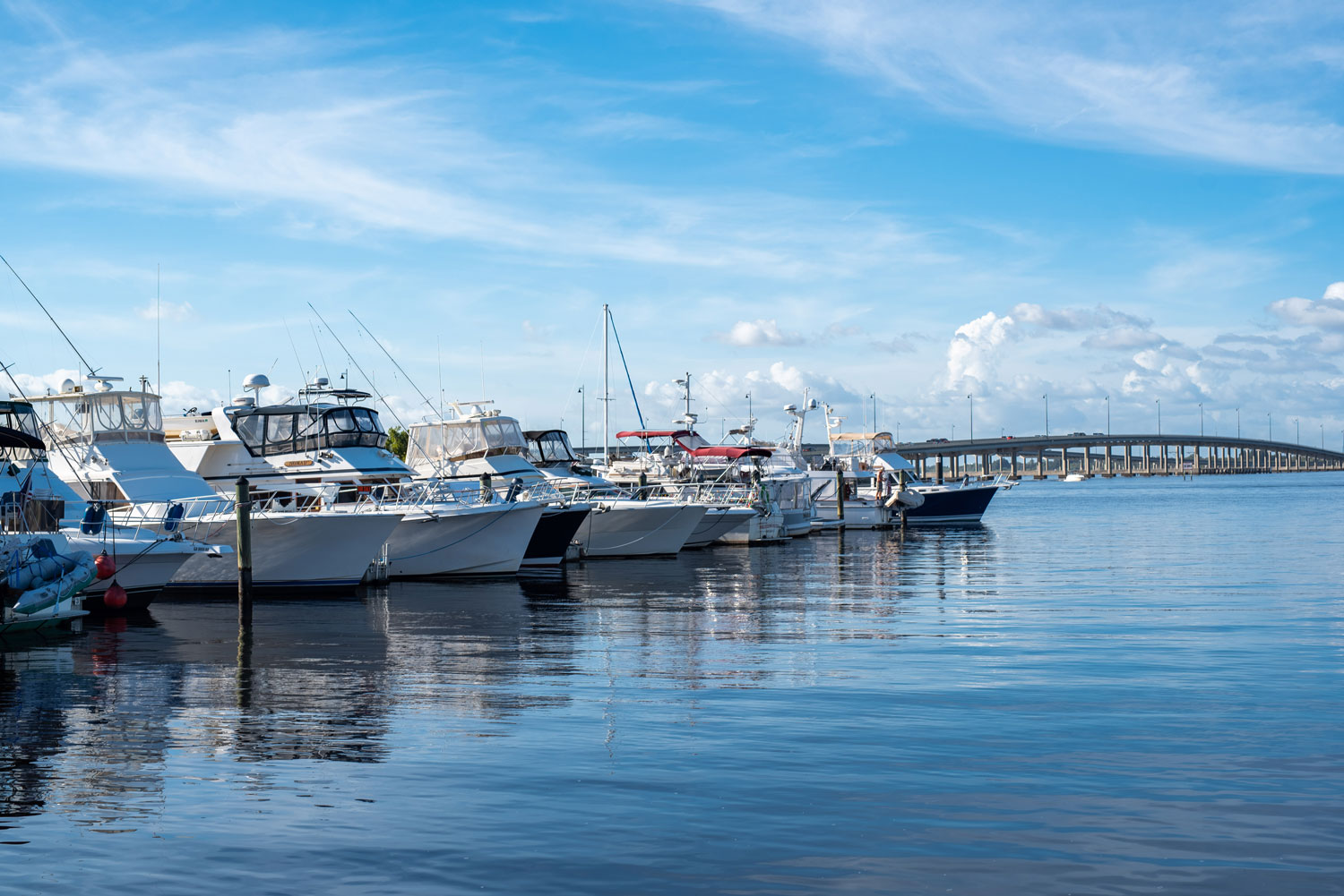 boats docked on the water near a large bridge on a sunny day