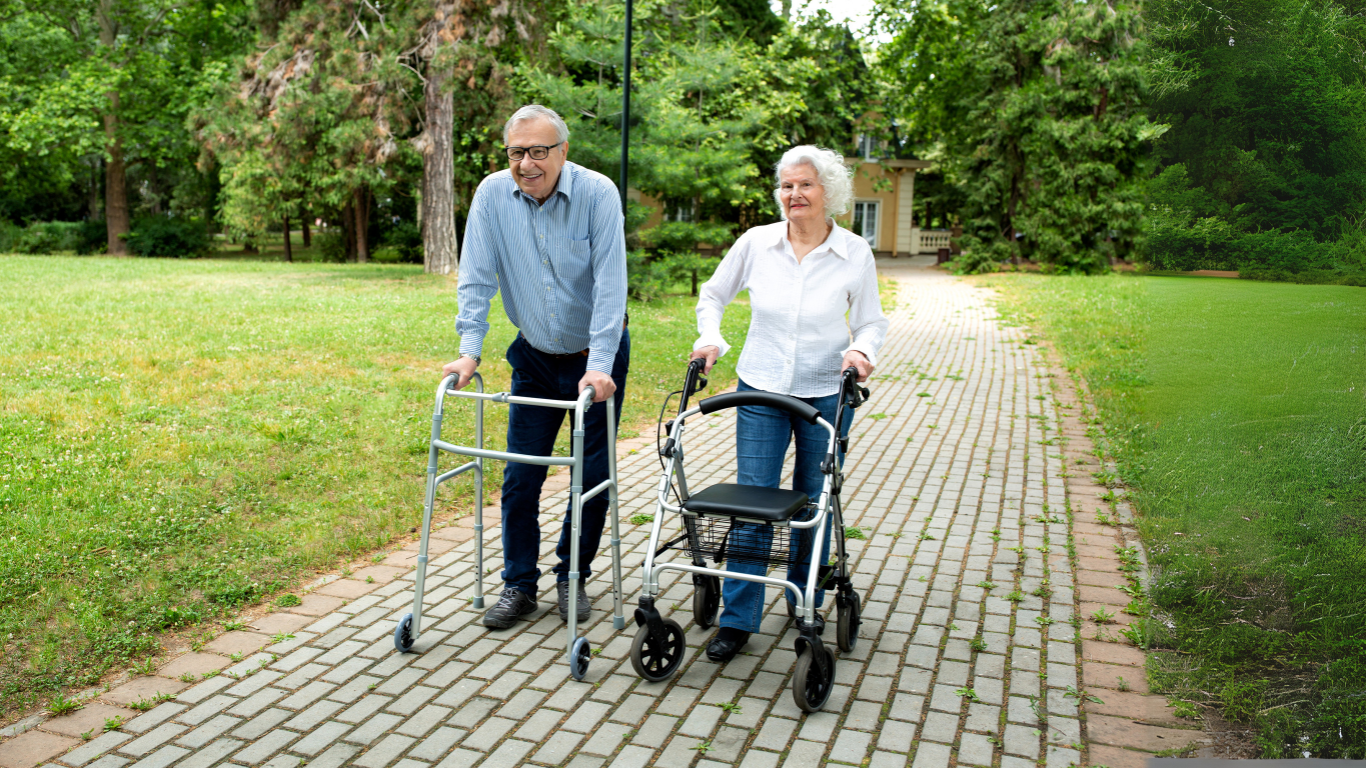 Senior couple with walkers on walk in park
