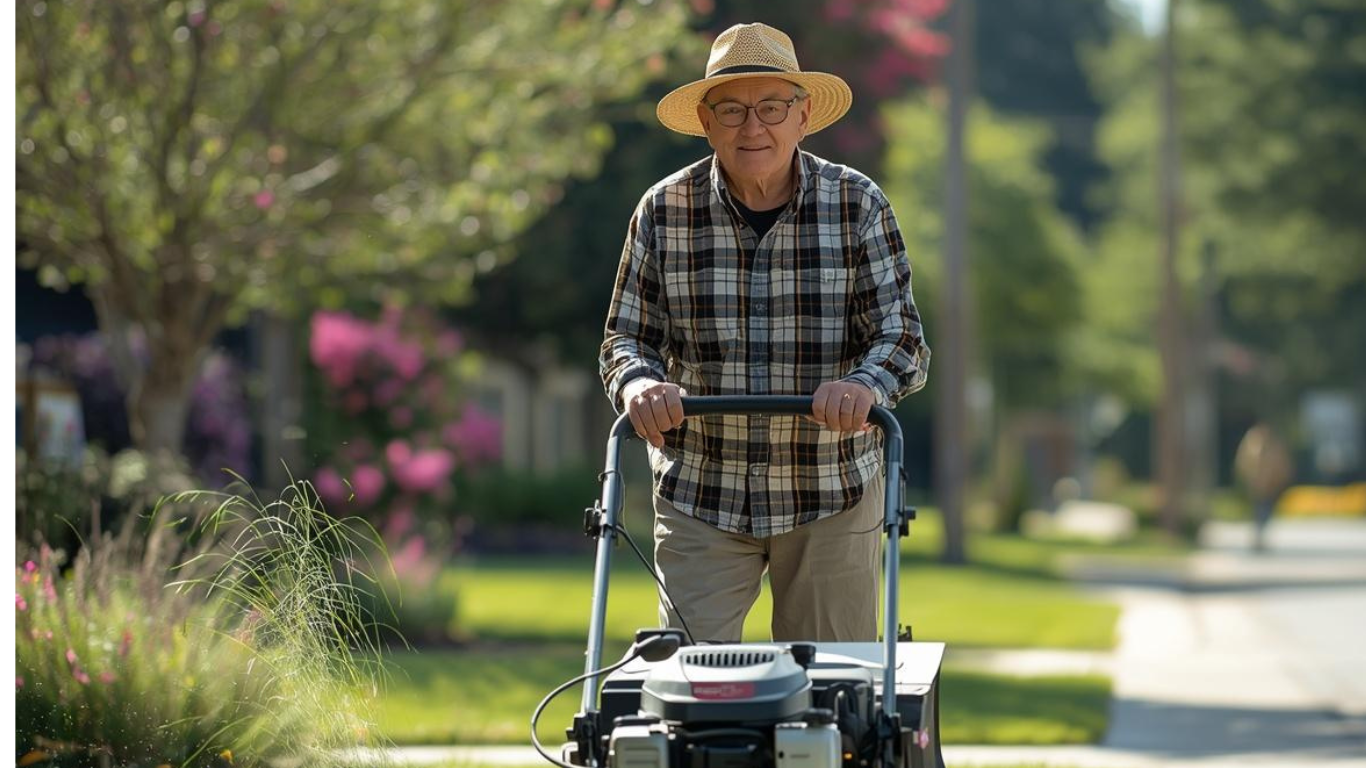 An older man is mowing his lawn
