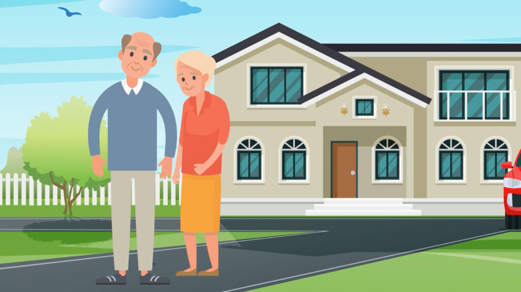 cartoon image of an elderly couple in front of a large retirement home with a car in the driveway