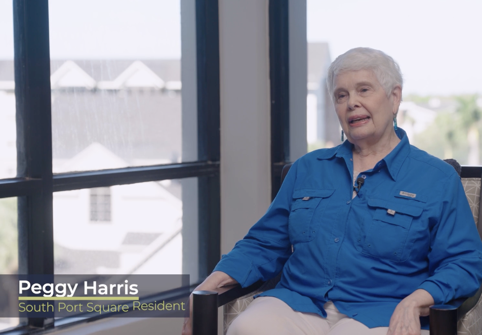 Peggy Harris, South Port Square Resident, being interviewed.